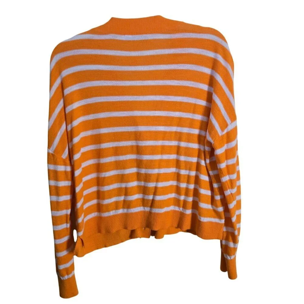Loft Sherbet Orange White Striped V Neck Lightweight Cardigan Sweater Size L